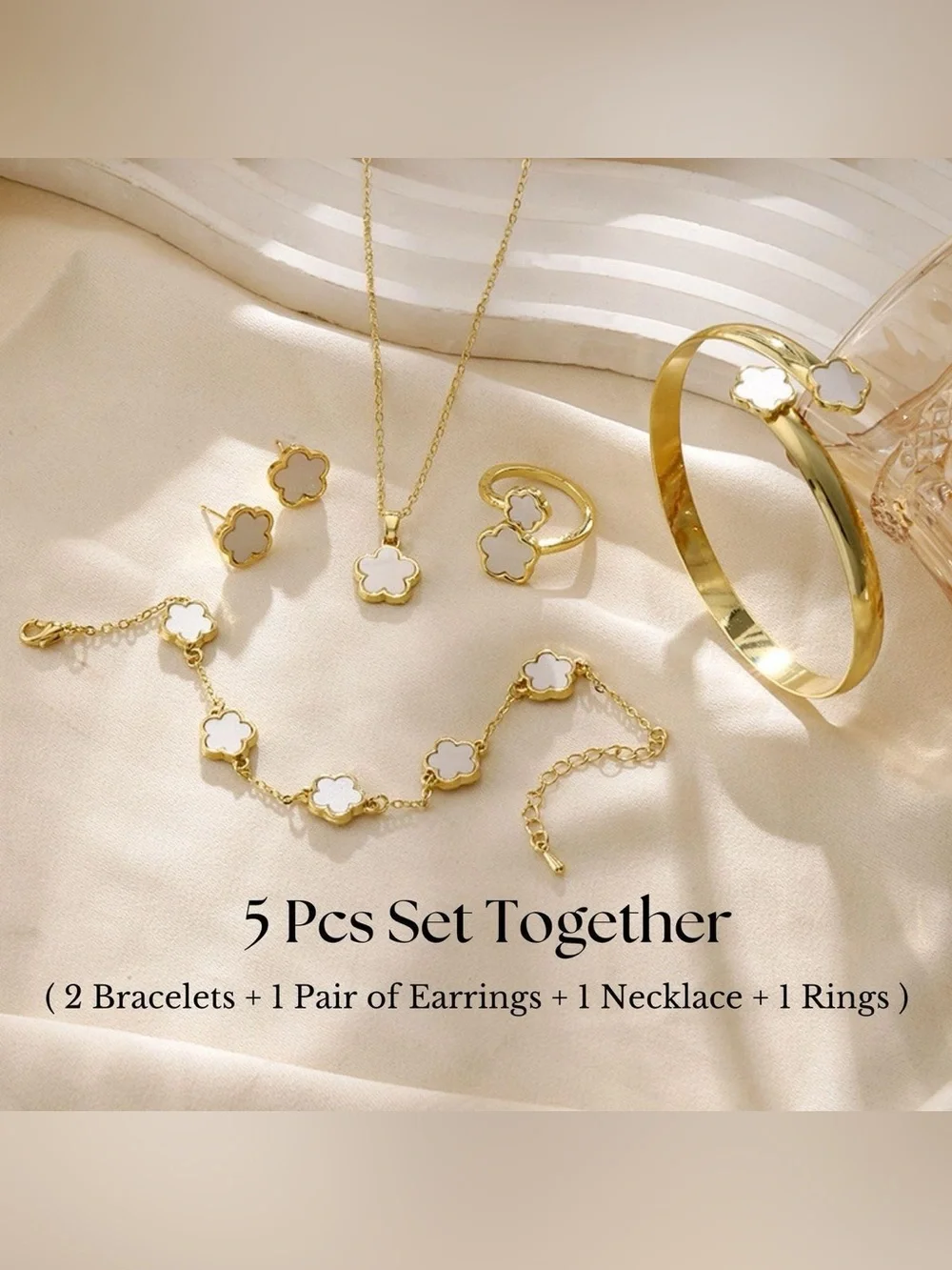 Gold & White Clover Jewelry Set - 5 Piece Women's Set